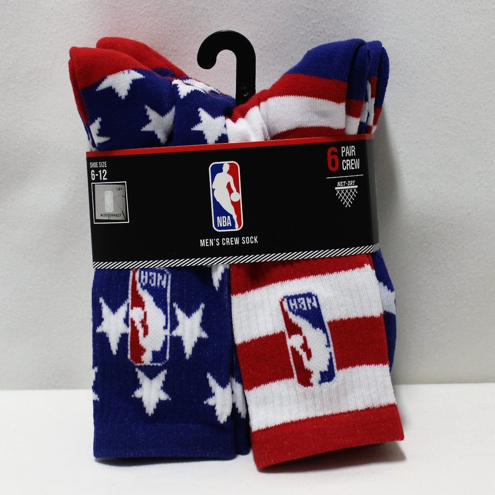 NBA Logo Stars & Stripes Men's Crew Socks 6 Pairs Shoe Size 6-12